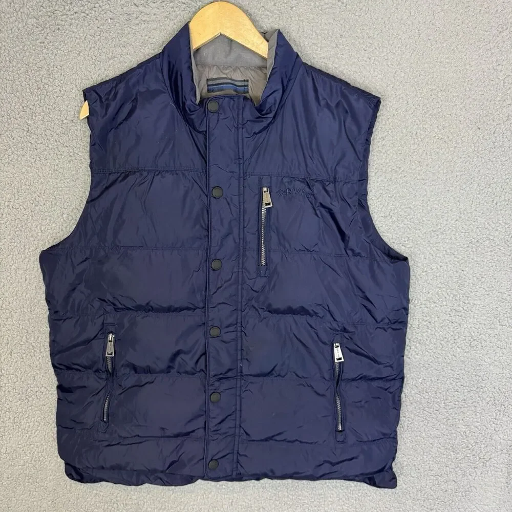 Orvis Vest Mens L Blue Down‎ Puffer Full Zip Snap Hiking Outdoor Gorp